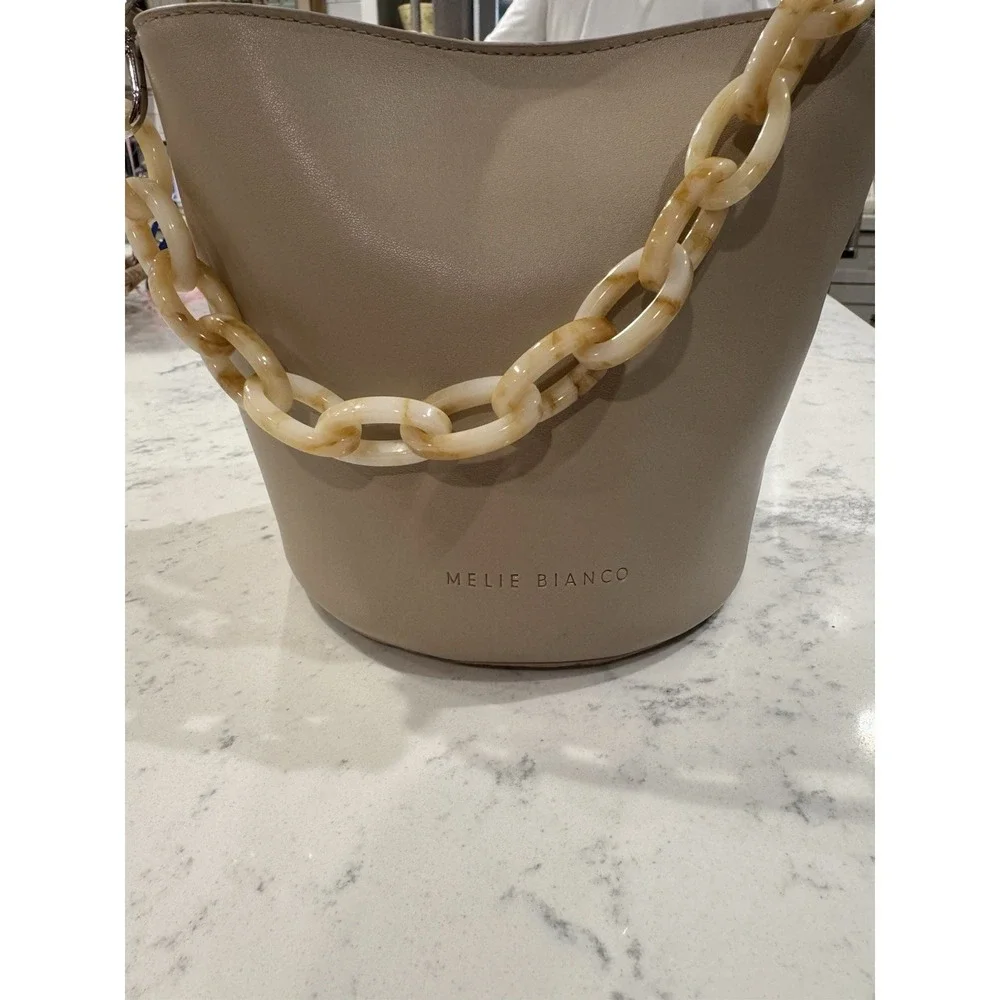 Melie Bianco Beige Vegan‎ Leather Bucket Bag Chunky Resin Chain Handle Taupe